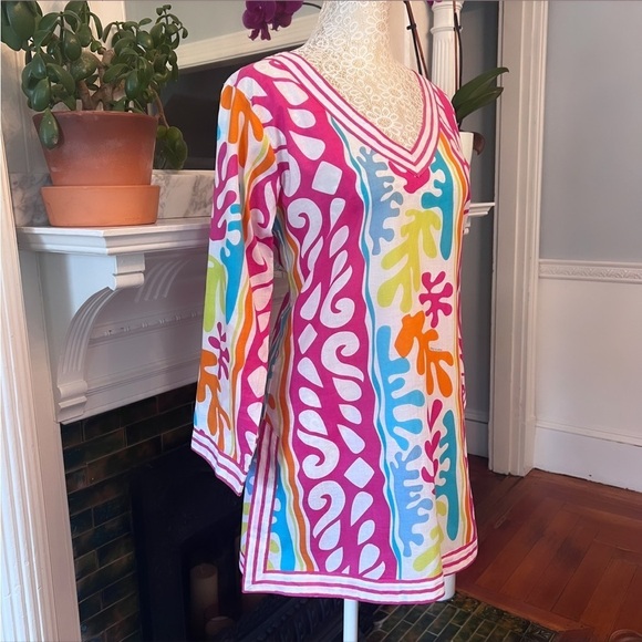 GRETCHEN SCOTT DESIGNS 100% Cotton Multi Color Leaf Print Split Neck Tunic Sz XS - Picture 5 of 12